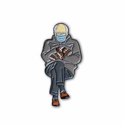 Bernie Sanders wearing mittens with his legs crossed meme pin badge