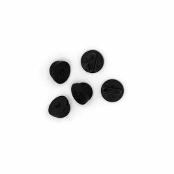 five black rubber pin backs for securing pin badges