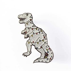 Christmas dinosaur covered with Christmas tree lights pin badge