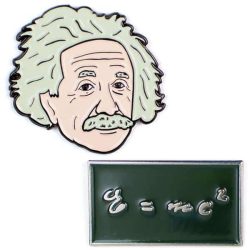 Albert Einstein and E=mc2 written in chalk on a blackboard pin badges