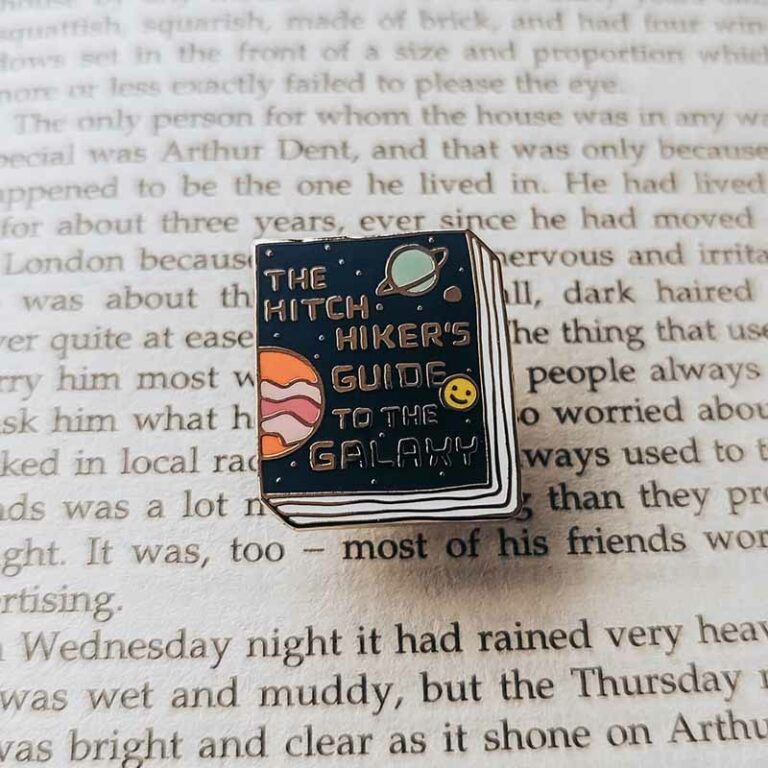The Hitch Hiker's Guide to the Galaxy book pin badge