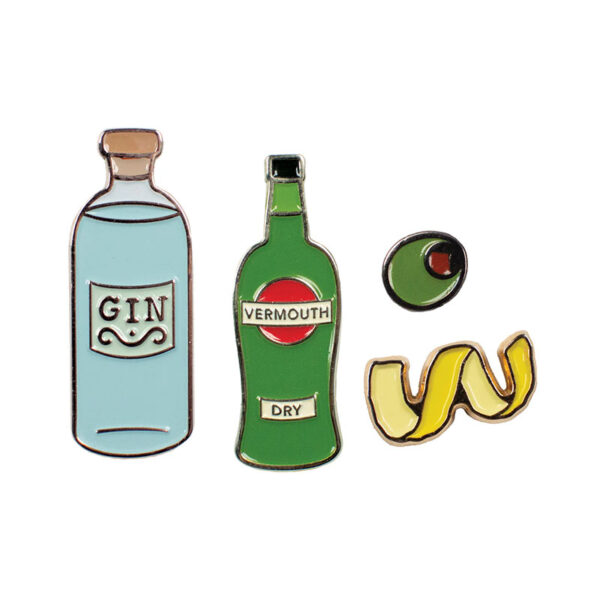 Martini cocktail ingredients pin badge set