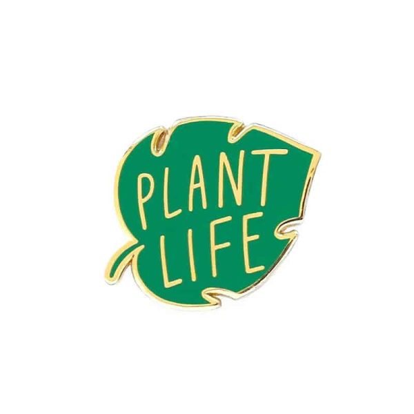 Plant life, text on leaf pin badge