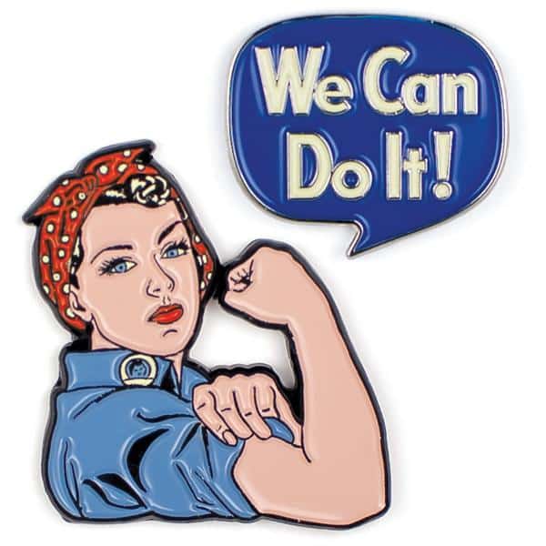 Rosie The Riveter and We Can Do It speech bubble pin badges