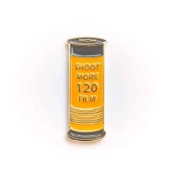 Shoot More 120 film canister pin badge