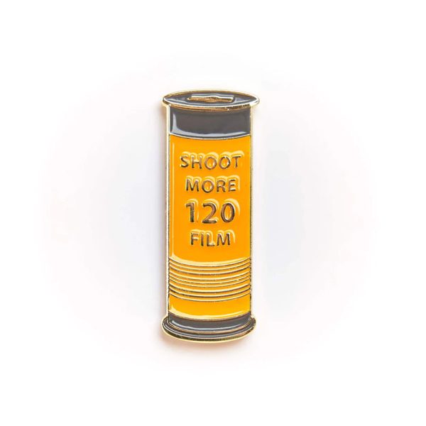 Shoot More 120 film canister pin badge