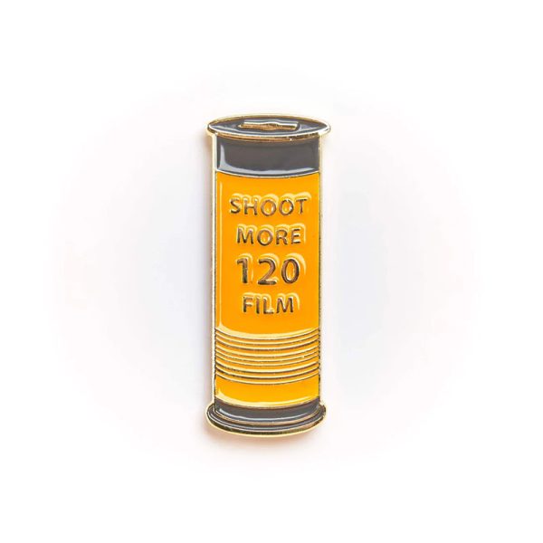 Shoot More 120 film canister pin badge