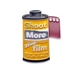 Shoot More 35mm film canister pin badge