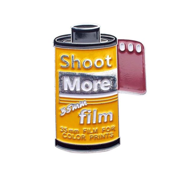 Shoot More 35mm film canister pin badge