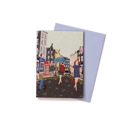 A London street in the rain - umbrella pin badge greeting card