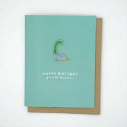 You Old Dinosaur - dinosaur in a jumper pin badge birthday card